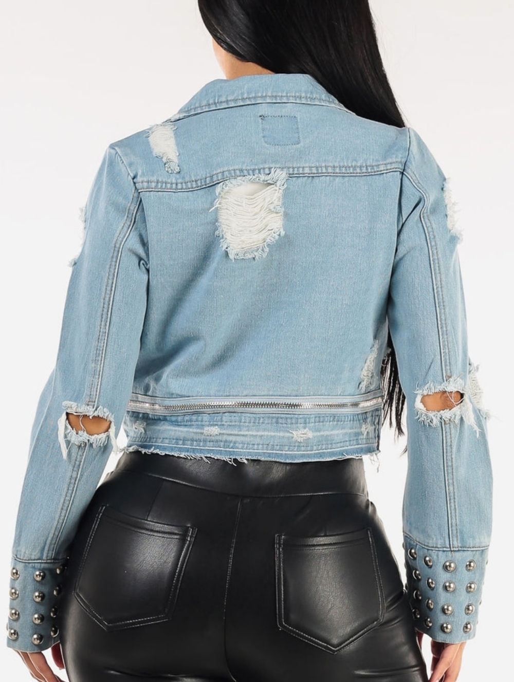 Light Blue Distressed Cropped Denim Jacket with Studded Cuffs. NWT Size Medium - Picture 7 of 16